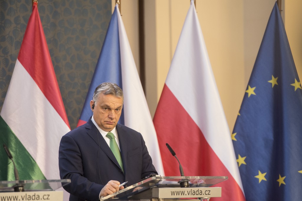 Hungary's Prime Minister Viktor Orban gives a joint press conference with Czech Republic's Prime Minister, Poland's Prime Minister and Slovakia's Prime Minister after a meeting of representatives of the Visegrad Group (V4), focusing on measures in response to the new coronavirus COVID-19, on March 4, 2020 in Prague. (Photo by Michal Cizek / AFP)